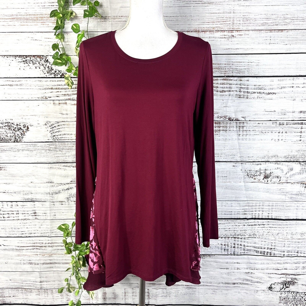 LOGO Lori Goldstein Top Tunic size Medium Burgundy Floral Jersey Velveteen Slim